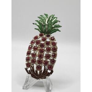 Hard to Find Vintage Pineapple Brooch Pink Rhinestone Enamel Fruit